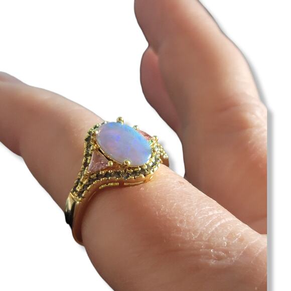 Gold Oval Created Opal Trillion Pink Sapphire and Green Peridot Ladies Ring S 10 - Picture 5 of 6